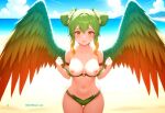 1girl ai-generated ai_assisted ai_generated beach bikini breasts chatrule.ai double_bun embarrassed female_focus green_eyes looking_at_viewer navel nipples orange_eyes original original_character rainbow_wings wings