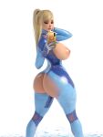  1girl big_breasts blonde_hair blue_eyes bubble_butt cleavage horny inviting_to_sex metroid naked_female nude nude nude_female popogori pose samus_aran shaved_pussy standing teasing thick_thighs 