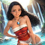  1girl bangs bare_arms bare_shoulders big_breasts black_hair breasts brown_eyes critadako dark-skinned_female dark_skin day disney dutch_angle female_only female_solo floating_hair grin hand_on_hip jewelry lake leaf leaves lips lipstick long_hair looking_at_viewer makeup moana_(disney) moana_waialiki nature naughty_face neck necklace outside parted_bangs parted_lips pink_lipstick plant red_lipstick red_tubetop rock smile standing strapless tubetop water waterfall wavy_hair wet wet_body 