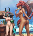 2_girls blue_eyes blue_hair bunny_and_fox_world bunny_ears cha-cha_(sadayan) cheeks_broadchester darkartskai long_hair looking_at_viewer medium_breasts monkey_ears nude_female red_hair small_breasts tagme tied_hair