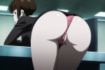  1girl 1girl ai ai_art ai_generated akane_tsunemori ass ass_focus bent_over black_jacket black_skirt brown_eyes brown_hair cameltoe clothes_lift crotch_seam formal from_behind indoors jacket long_sleeves looking_at_viewer looking_back office_lady panties partially_visible_vulva pencil_skirt pink_panties presenting psycho-pass short_hair skirt skirt_lift suit thighs thong underwear 