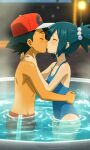 1boy 1girl 1girl ash_ketchum bare_arms bare_shoulders black_hair blue_bikini blue_hair blush dawn dawn_(pokemon) jacuzzi kissing kissing love male male/female nintendo pokemon pokemon_(anime) pokemon_(game) red_hat satoshi_(pokemon) swimsuit swimwear