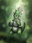 2010 belly big_breasts breasts chubby dinosaur fat female furry jungle lordstevie lordstevie_(artist) nipples plump rain scalie solo triceratops