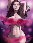 1girl arms_behind_head arms_up bangs big_breasts black_hair black_hat black_headwear blurry blurry_background breasts cleavage collarbone completely_nude completely_nude_female convenient_censoring dc_comics female_only female_solo green_eyes half-closed_eyes hat hat_removed headwear heroine holding holding_hat holding_object justice_league legs light-skinned_female light_skin lips lipstick long_hair looking_at_viewer lower_teeth magic magic_censor magician makeup navel neck nude nude_female parted_bangs pink_lipstick purple_background round_teeth serious standing straight_hair superheroine taynorhook teeth thick_eyebrows thighs top_hat upper_teeth zatanna zatanna_zatara
