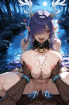 1boy1girl 1girl ai_generated cowgirl_position cum cum_on_body cum_on_breasts curvy curvy_female curvy_figure dark-skinned_male dark_skin elf elf_ears genshin_impact hair_ornament lauma_(genshin_impact) long_hair nude purple_hair sex