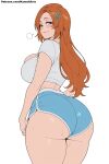  ai_generated back_view backboob bare_thighs big_ass big_ass bleach blush brown_eyes dolphin_shorts fat_ass gigantic_ass gigantic_breasts grin huge_breasts huge_thighs inoue_orihime kawaiiarts light-skinned_female light_skin long_hair looking_back massive_ass massive_breasts orange_hair solo_female squatting sweat sweatdrop t-shirt thick_body thick_female thick_thighs thighs voluptuous voluptuous_female 