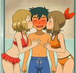 1boy 2_girls ash_ketchum black_hair blonde_hair blue_swim_trunks blush brown_hair haruka_(pokemon) kissing kissing_cheek may_(pokemon) nintendo orange_swimsuit pokemon pokemon_(anime) pokemon_(game) red_swimsuit satoshi_(pokemon) serena_(pokemon) showering threesome