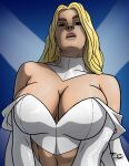1girl bangs bare_shoulders big_breasts blonde_female blonde_hair blue_background blue_eyes breasts cape choker cleavage collarbone dress emma_frost female_only female_solo head_tilt huge_breasts light-skinned_female light_skin lips lipstick long_hair long_sleeves looking_at_viewer makeup marvel marvel_comics midriff navel neck off-shoulder_dress off_shoulder open_mouth parted_bangs pink_lipstick revealing_clothes round_teeth serious standing straight_hair supervillainess symbol taynorhook teeth thick_eyebrows thick_lips upper_body upper_teeth upper_teeth_only villainess white_cape white_choker white_clothing white_dress white_queen x-men x_symbol