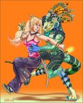   animal_ears colorful couple dancing female glowstick human kemonomimi male mariecannabis_(artist) nekomimi rave reptile scalie  