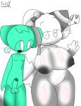  1girl big_breasts cat_boy cat_ears cat_girl cat_tail hand_up heart looking_at_breasts male mouth_open nipples penis penis simple_background simple_eyes sprunki sprunki_oc two_fingers_up white_background white_fur 