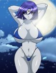 arms_above_head big_breasts bikini breasts dc dc_comics desingahv_(artist) erect_nipples pale_skin purple_eyes purple_hair raven_(dc) teen_titans