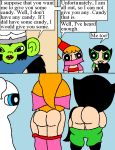  3girls ass black_hair blonde_hair blossom_(ppg) blue_eyes bob_cut bubbles_(ppg) buttercup_(ppg) cartoon_network comic flashing_ass green_eyes mojo_jojo mooning multiple_girls pelless powerpuff_girls red_eyes red_hair siblings sisters tied_hair twintails 