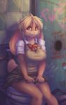 1girl 1girl 2019 absurd_res anthro bottomwear breasts clothing digital_media_(artwork) dimwitdog english_text furry glory_hole graffiti hair high_res lagomorph leporid long_ears mammal rabbit signature sitting skirt text toilet