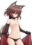  1girl animal_ears belly blush brown_eyes brown_hair choker collar elbow_gloves flat_chest gloves hair navel negija nipples original panties ponytail short_hair small_breasts solo tail topless underwear 