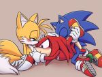 ahoge anal blush fellatio furry group_sex karlo knuckles_the_echidna leg_hold male_focus miles_"tails"_prower multiple_boys multiple_tails oral sex sonic sonic_the_hedgehog spitroast sweat tail threesome yaoi