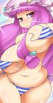  1girl :&lt; bikini breasts cameltoe curvy female hat huge_breasts long_hair namidame namidame_(artist) patchouli_knowledge plump purple_eyes purple_hair side-tie_bikini solo striped striped_bikini striped_swimsuit swimsuit touhou wardrobe_malfunction 