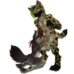 blue_eyes canine collar cum digitigrade fellatio furry gay green_hair hindpaw hyena leash male oral penis shadowsani_(artist) tongue wolf