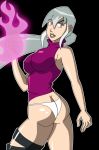  1girl ass ben_10 big_breasts breasts charmcaster erect_nipples female_only fire grimphantom hair hope_(ben_10) light-skinned_female light_skin lipstick looking_back magic panties purple_eyes purple_fire underwear white_hair 