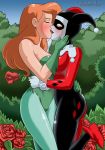  batman:_the_animated_series batman_(series) blush closed_eyes dc dc_comics dcau domino_mask embracing harleen_quinzel harley_quinn ivyquinn justicehentai.com kissing mask orange_hair palcomix pamela_isley poison_ivy red_hair red_rose redhead roses yuri 