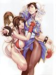  2_girls big_breasts breast_grab breasts capcom chun-li from_behind homare_(fool&#039;s_art) king_of_fighters lipstick mai_shiranui multiple_girls ponytail snk stockings street_fighter surprise yo_dou 