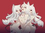 1girl 3_girls animal_ears assisted_masturbation big_breasts black_tail blush breasts cerberus_(helltaker) closed_eyes demon_girl demon_tail dog_girl fang fingering group_sex helltaker high_resolution inumimi joker.z large_filesize long_hair masturbation midriff multiple_girls nail_polish nude open_mouth red_background red_eyes red_nails sex siblings silver_hair simple_background sisters sweat tail threesome triplets vaginal_juices very_high_resolution very_long_hair yuri