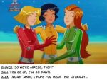  3_girls alex_(totally_spies) black_hair blonde_hair bodysuit closed_eyes clover_(totally_spies) green_bodysuit hair hugging lipstick multiple_girls red_bodysuit red_hair sam_(totally_spies) screenshot smile text totally_spies yellow_bodysuit 