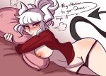 1girl annoyed blush breasts demon_girl demon_horns english_text helltaker high_resolution horns lucifer_(helltaker) nipples panties panty_pull pillow pillow_hug pouting red_eyes scruffyturtles speech_bubble text underwear very_high_resolution white_hair