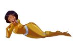  1girl alex_(totally_spies) belt big_breasts black_hair bodysuit breasts brown_eyes dark-skinned_female dark_skin finger_to_mouth hand_on_hip high_heels legs looking_at_viewer lying naughty_face on_side open_mouth rickcelis short_hair simple_background thighs totally_spies wide_hips yellow_bodysuit 