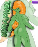  ass big_breasts breasts butt flashing freakz green_eyes green_skin lizardsharkragon looking_back muscle nipple nude orange_hair pointy_ears shiny shiny_skin shrapnel shrapnel_(character) smile webcomic webcomic_character 