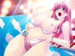  1girl bikini blue_eyes blush breasts game_cg long_hair natsume_harumi navel nipples open_mouth pink_hair ring solo sumeragi_kohaku surprised swimsuit tsuma_koi. wardrobe_malfunction 