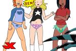 3girls alien ben_10 ben_10_(classic) ben_tennyson black_hair blonde_hair cameltoe cat_print dinosaur flower_print green_panties gwen_tennyson gwen_tennyson_(classic) hair jk jk_(artist) kai_green long_hair lucy_mann lucy_mann_(classic) multiple_girls orange_hair panties printed_panties red_hair reptile scalie short_hair side-tie_panties star_print xlr8