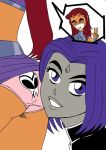  2_girls 2girls ass butt_snuggle dc_comics female female_only grey_skin long_hair orange_skin panties printed_panties purple_eyes purple_hair raven_(dc) red_hair skirt_lift starfire teen_titans yuri zone 