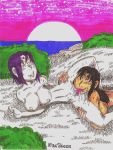  2_girls black_hair blackfire dc_comics dcau grey_skin hair lying max_skeen multiple_girls nipples nude outside purple_hair pussylicking raven_(dc) saliva teen_titans yuri 