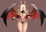 barely_clothed big_breasts big_nipples bikini black_eyes black_panties black_underwear breasts demon demon_girl horns nipple_bulge nipple_slip nipples ridiculous_fit sling_bikini slutty slutty_face slutty_outfit solo_female solo_focus succubus swimsuit swimwear tagme voluptuous white_hair wings