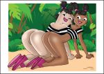 all_fours anus ass beach black_hair bottomless dark_skin hairless_pussy hotdesigns2 jungle katie_(tdi) lipstick looking_back pale_skin pussy sadie_(tdi) smile tan tan_line total_drama_island uncensored