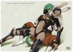  1boy 1girl animal_ears armor azasuke azasuke_wind ba&#039;gamnan bangaa bracer bracers breast_grab breasts bunny_ears cleavage closed_eyes dark_skin final_fantasy final_fantasy_xii fran grabbing groping hair headgear helmet highres leaning_back licking long_hair midriff molestation monster navel revealing_clothes saliva sitting sleep_molestation sleeping tail thighhighs tongue viera white_hair 