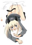 1girl animal_ears ass blonde_hair blue_eyes branch caught furoaki hat helma_lennartz leaf panties solo strike_witches underwear uniform wedgie white_panties