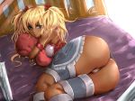 1girl ass ayumi_(x-blades) bare_shoulders bed blonde_hair blue_eyes cameltoe dark_skin highres huge_ass jorogumo long_hair panties pillow pillow_hug ribbons solo sunlight tan twintails x-blades