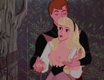  blonde_hair breasts breasts_outside bush dirtydisneybitches disney edit female forest hair lipstick long_hair male nipples prince_phillip princess_aurora sleeping_beauty tree 