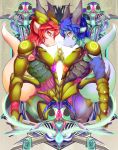 blue_hair couple dragon duo female furry hair horns looking_at_viewer orange_eyes red_hair scalie sizuru sword symmetry tail weapon