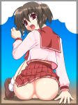 1girl ass back brown_hair looking_back no_panties open_mouth red_eyes school_uniform serafuku shichimenchou sitting skirt skirt_lift solo surprise surprised to_heart_2 twintails uncensored yuzuhara_konomi