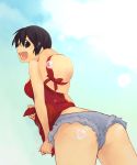  1girl ass black_eyes black_hair bow female_only genderswap hat highres looking_back luffyko monkey_d._luffy one_piece open_mouth otaki55 rear_view ribbon scar short_hair shorts solo solo_female straw_hat view_from_behind wet 