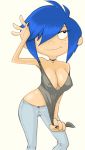   black_nail_polish blue_hair choker cleavage ed,_edd,_&#039;n&#039;_eddy erect_nipples eyelashes fluffy_(artist) freckles hair_over_one_eye jeans marie_kanker nail_polish shirt_tug  