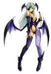  bare_shoulders bat_wings breasts capcom darkstalkers demon_girl eye_patch eyepatch fingerless_gloves gloves green_eyes green_hair head_wings headwings highres large_breasts leather long_hair midriff morrigan_aensland nail_polish pantyhose shingo_(artist) shingo_(missing_link) single_thighhigh solo stockings succubus tan thighhighs vampire_(game) vampire_savior whip wings 