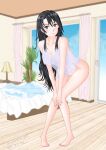 1girl alluring bare_legs bed black_hair erect_nipples_under_clothes gaei grey_eyes long_hair naked_from_the_waist_down nightshirt posing pussy see-through shizuka_hiratsuka yahari_ore_no_seishun_lovecome_wa_machigatteiru.