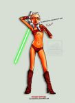 ahsoka_tano boots elthegeneral_(artist) closed_eyes facial_markings fingerless_gloves gloves high_heels lightsaber navel orange_skin star_wars star_wars:_the_clone_wars togruta