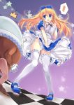 ! /\/\/\ 1girl alice_(wonderland) alice_in_wonderland blonde_hair blue_eyes bow checkered dress eye_pop garters hair_bow hair_ribbon humpty_dumpty legs long_hair mary_janes open_mouth panties pantyshot pigeon-toed ribbon shoes side-tie_panties stockings thigh-highs thighhighs underwear upskirt wind_lift yukiwo