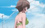 1boy 1girl big_breasts bikini blood blue_eyes bounce bouncing_breasts breasts brown_hair chain-link_fence cloud clouds fence gif glasses huge_breasts kemeko_deluxe kemeko_deluxe! kobayashi_sanpeita lowres makihara_izumi nosebleed short_hair sky swimsuit topless wardrobe_malfunction