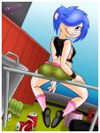 ass belt blue_eyeshadow blue_hair booty_shorts brown_eyes bucket ed,_edd,_'n'_eddy eyeshadow freckles hair_over_one_eye marie_kanker pole sideboob smile socks soda_can tyre