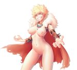 1girl big_breasts blonde_hair bottomless breasts cape detached_sleeves earrings fangs fur fur_collar genderswap genderswap_(mtf) grin jewelry katsuki_bakugo looking_at_viewer my_hero_academia navel necklace nipples pussy red_cape red_eyes salmon_(657931354) short_hair shoulder_tattoo simple_background smile spiky_hair tattoo teeth torn_clothes white_background